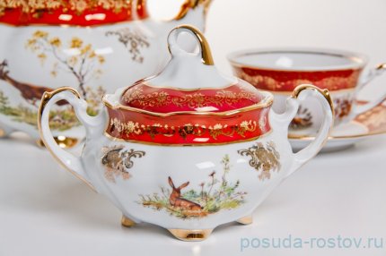 Чайный сервиз на 6 персон 15 предметов &quot;Мария /Охота красная&quot; (220 мл) / 038629