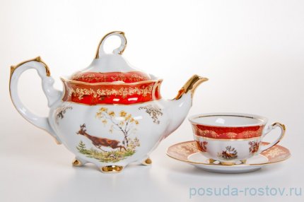 Чайный сервиз на 6 персон 15 предметов &quot;Мария /Охота красная&quot; (220 мл) / 038629