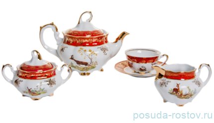 Чайный сервиз на 6 персон 15 предметов &quot;Мария /Охота красная&quot; (220 мл) / 038629