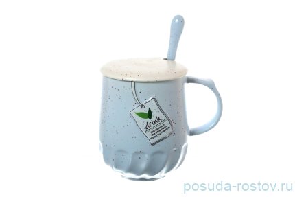 Кружка 400 мл с крышкой и ложкой &quot;Drink&quot; голубая / 140364
