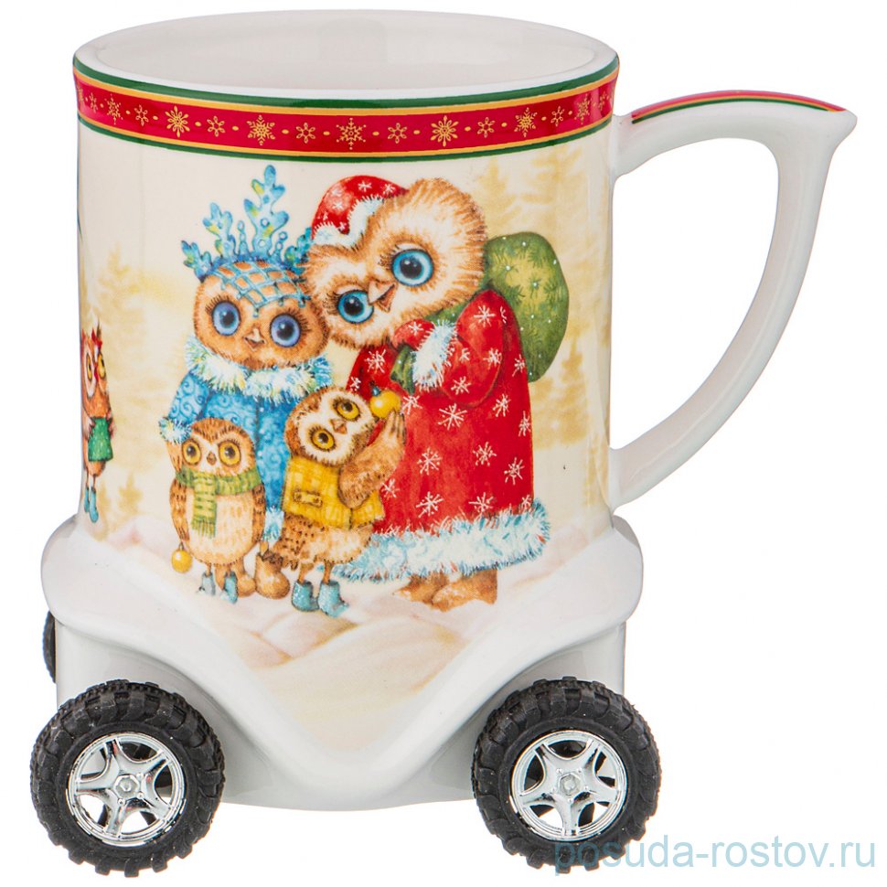 Кружка 350 мл на колесиках красная "новогодняя сказка /совы" / 225147