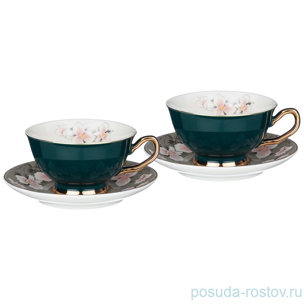 Набор чайных пар 220 мл 2 шт зелёные "Цветы" / 233225