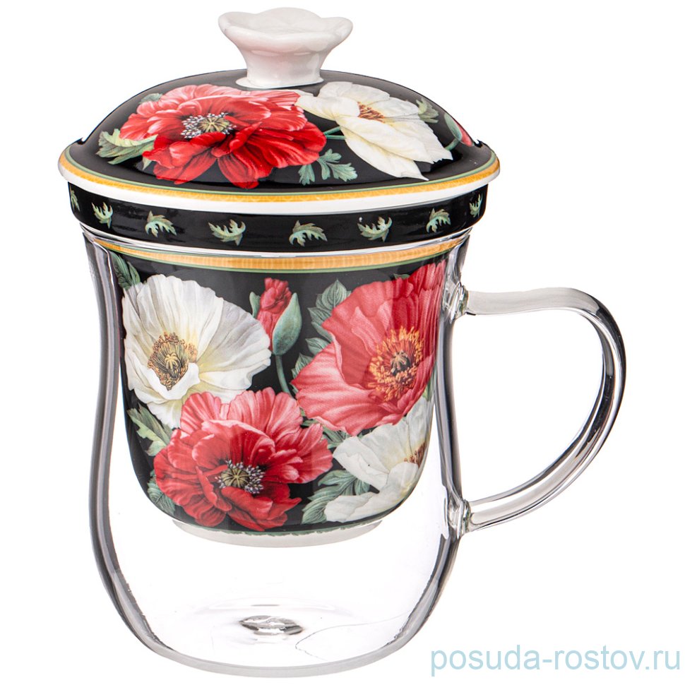 Кружка 400 мл стеклянная с ситом черная "маки" / 234768 Кружка 400 мл стеклянная с ситом черная "маки" / 234768