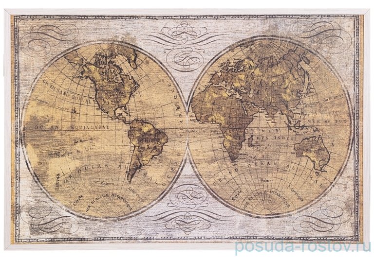 Панно 60 х 90 см "Карта полушарий" /рамка белая / 260011