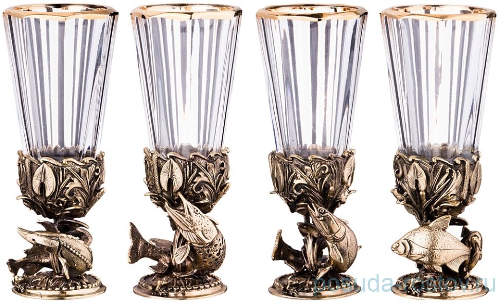 Рюмки 50 мл 4 шт в кожаном футляре "Рыбы" / 190688 Рюмки 50 мл 4 шт в кожаном футляре "Рыбы" / 190688