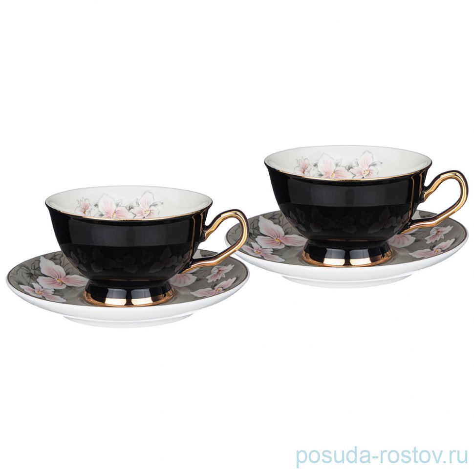 Набор чайных пар 220 мл 2 шт чёрные "Цветы" / 233227