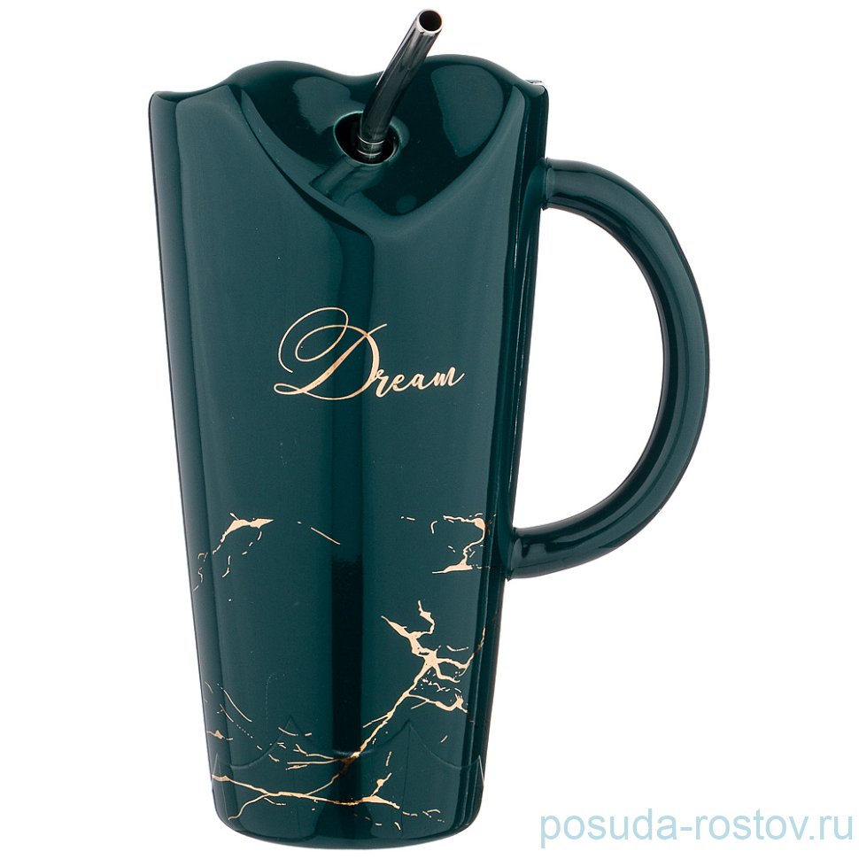 Кружка 480 мл с металлической трубочкой зелёная "break time /dream" / 206350