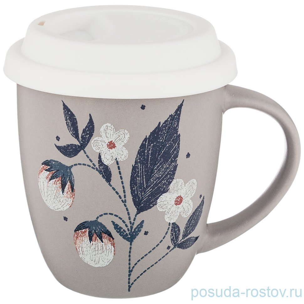 Кружка 400 мл с силиконовой крышкой серая "кофемания" / 210564