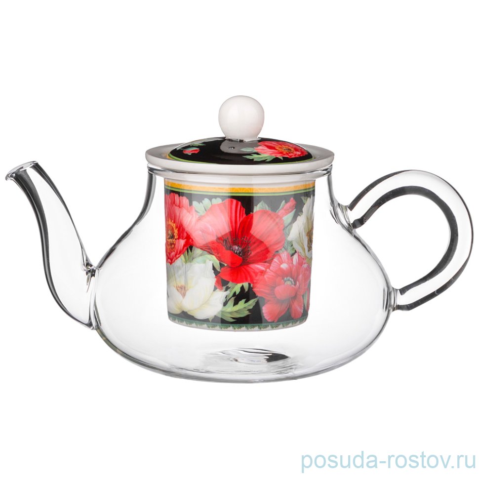 Заварочный чайник 500 мл стеклянный с ситом чёрный "маки" / 254053 Заварочный чайник 500 мл стеклянный с ситом чёрный "маки" / 254053