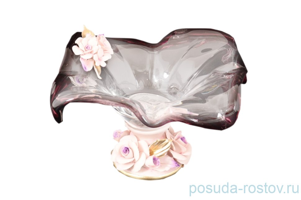 Конфетница 24 см н/н фиолетовая по краю "W. Cristal /Розы /Муранское стекло" / 118409