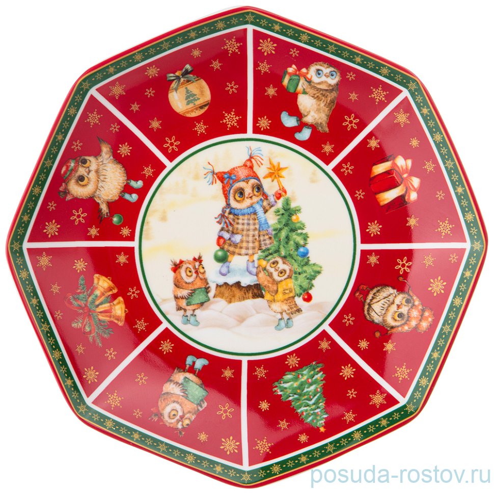 Блюдо 17 см красное "Новогодняя сказка /Совы" / 225171