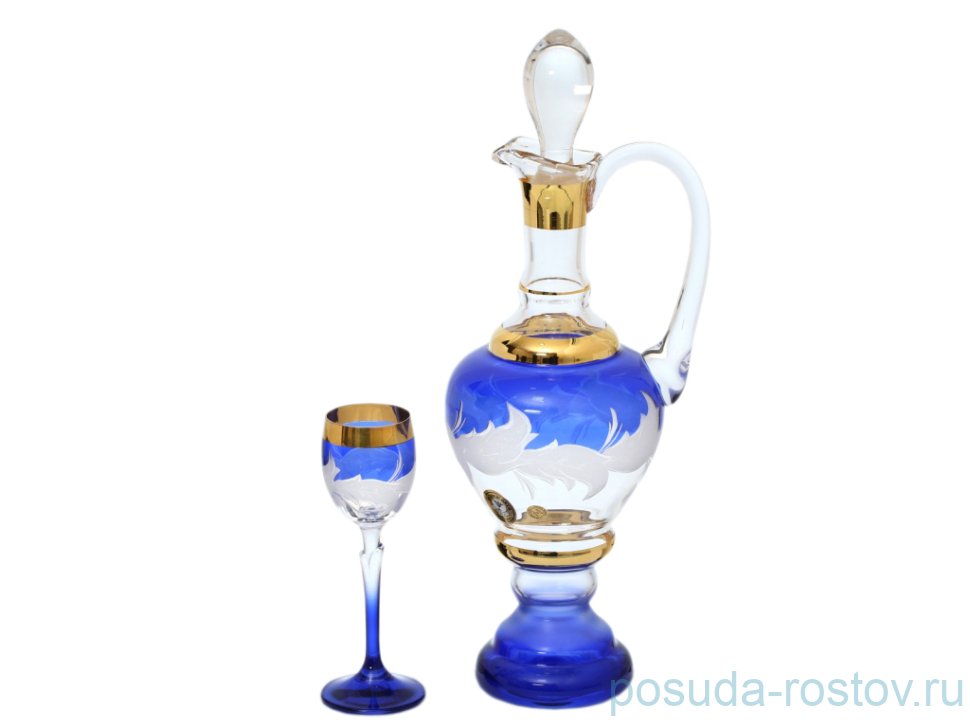 Набор для ликера 7 предметов (графин + 6 рюмок) "Матовые листики /Золото на синем" E-V / 137156